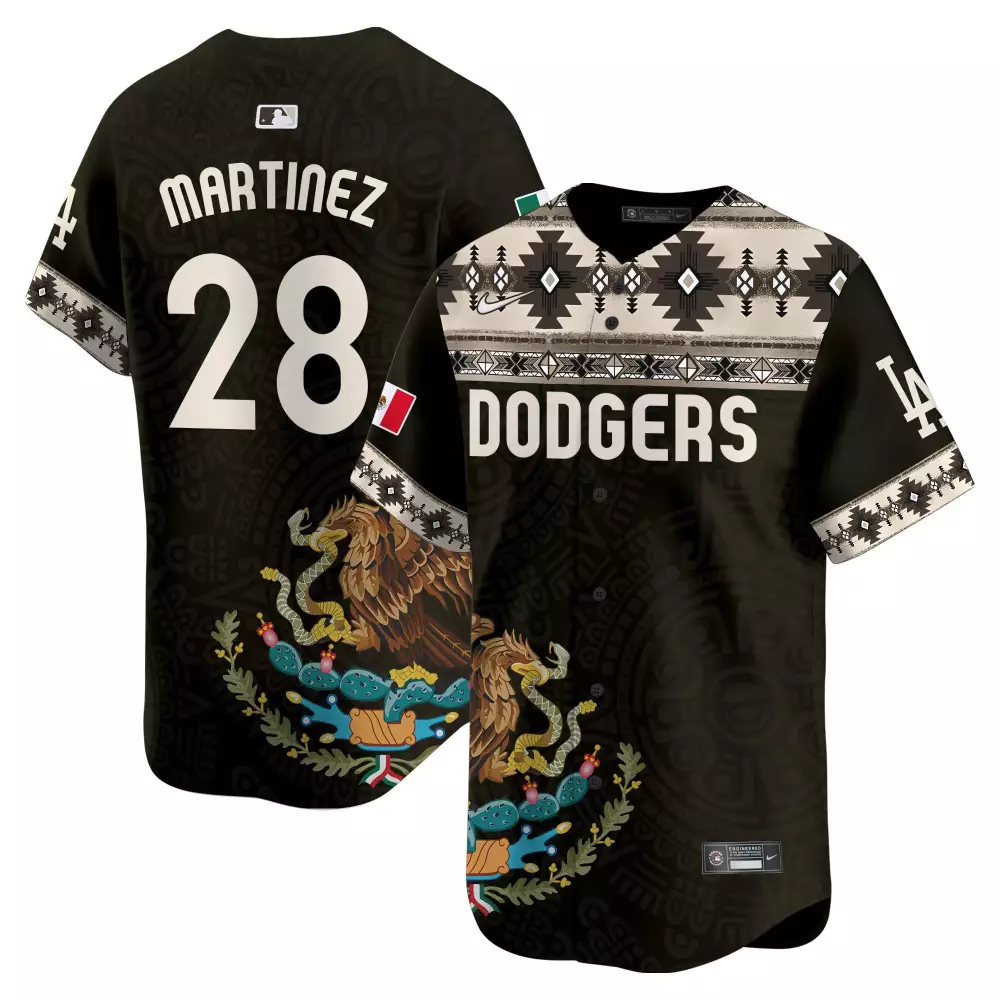Martinez 28 Dodgers Jersey Black Mexican Heritage Flag Men Custom Design White Tan