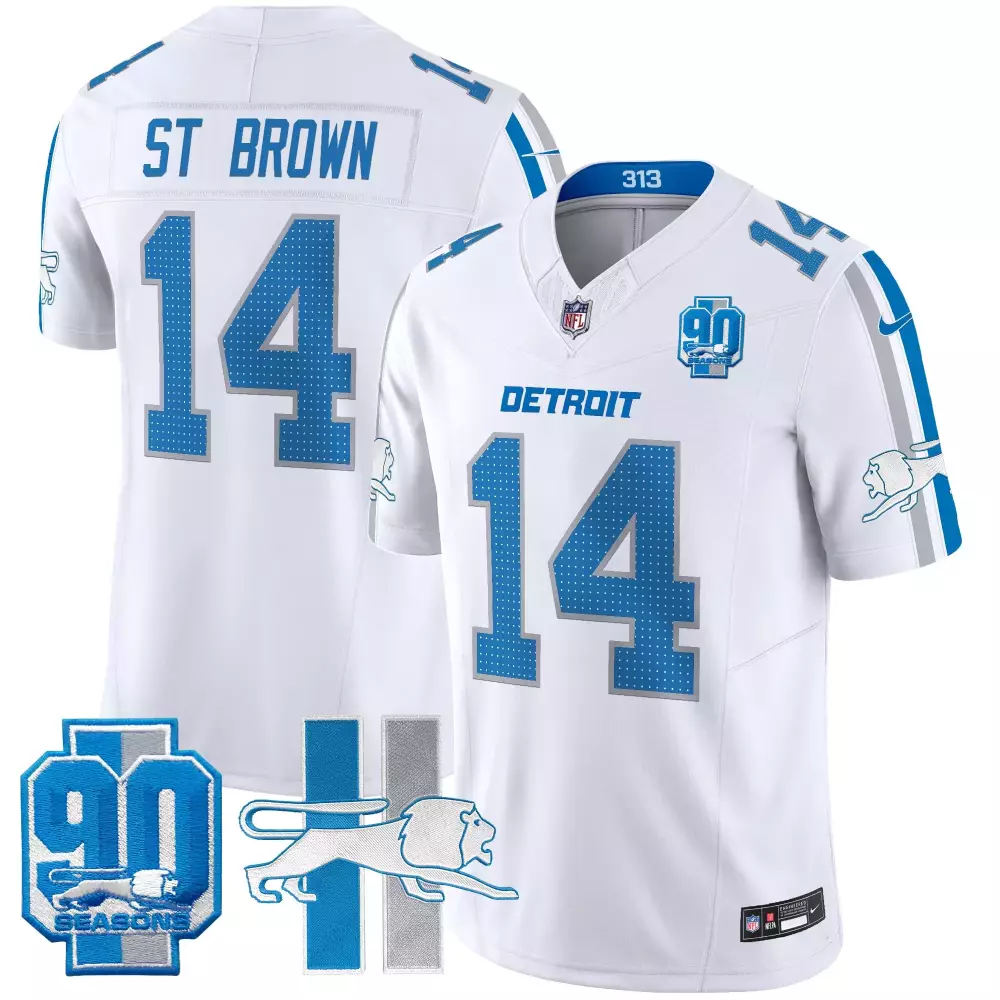 St Year 14 Detroit Lions Jersey White 90 Seasons Men Authentic Blue Silver Throwback