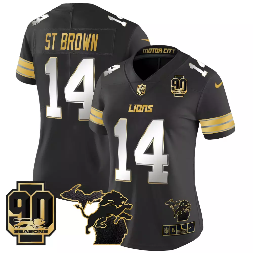 St Year 14 Lions Jersey Black 90 Seasons 2023 Women Replica Alternate Gold White