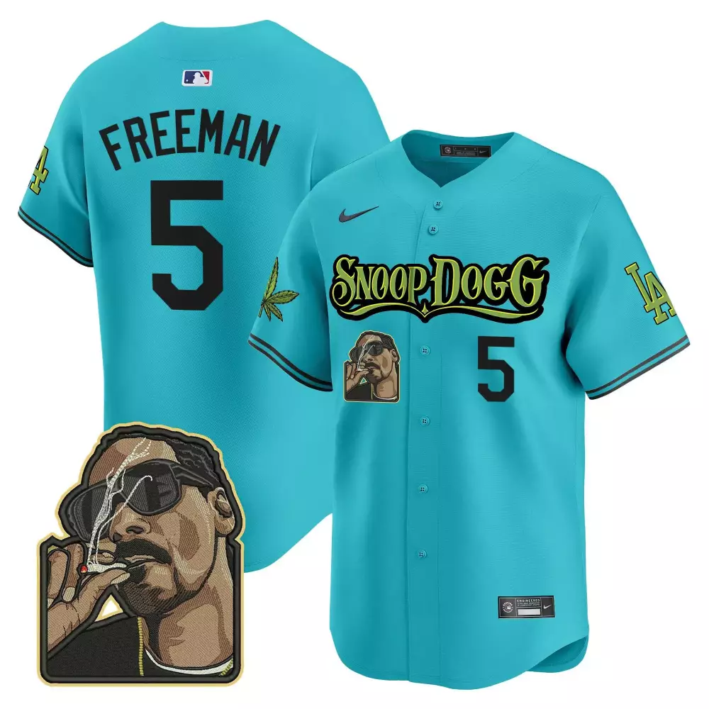 Freddie Freeman 5 Jersey Teal Snoop Dogg Los Angeles Dodgers Portrait Marijuana Leaf