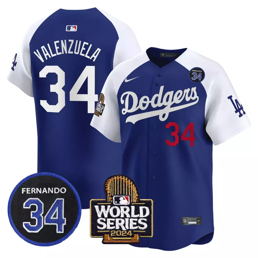 Fernando Valenzuela 34 Dodgers Jersey Blue World Series 2024 Men White Red Alternate