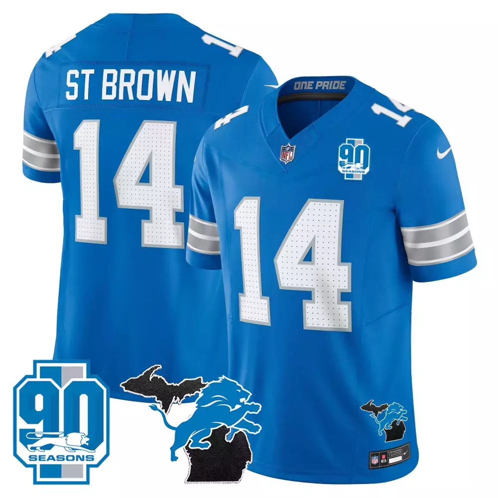 St Year 14 Detroit Lions Jersey Blue 90 Seasons Men Game White Silver Vapor All Stitched