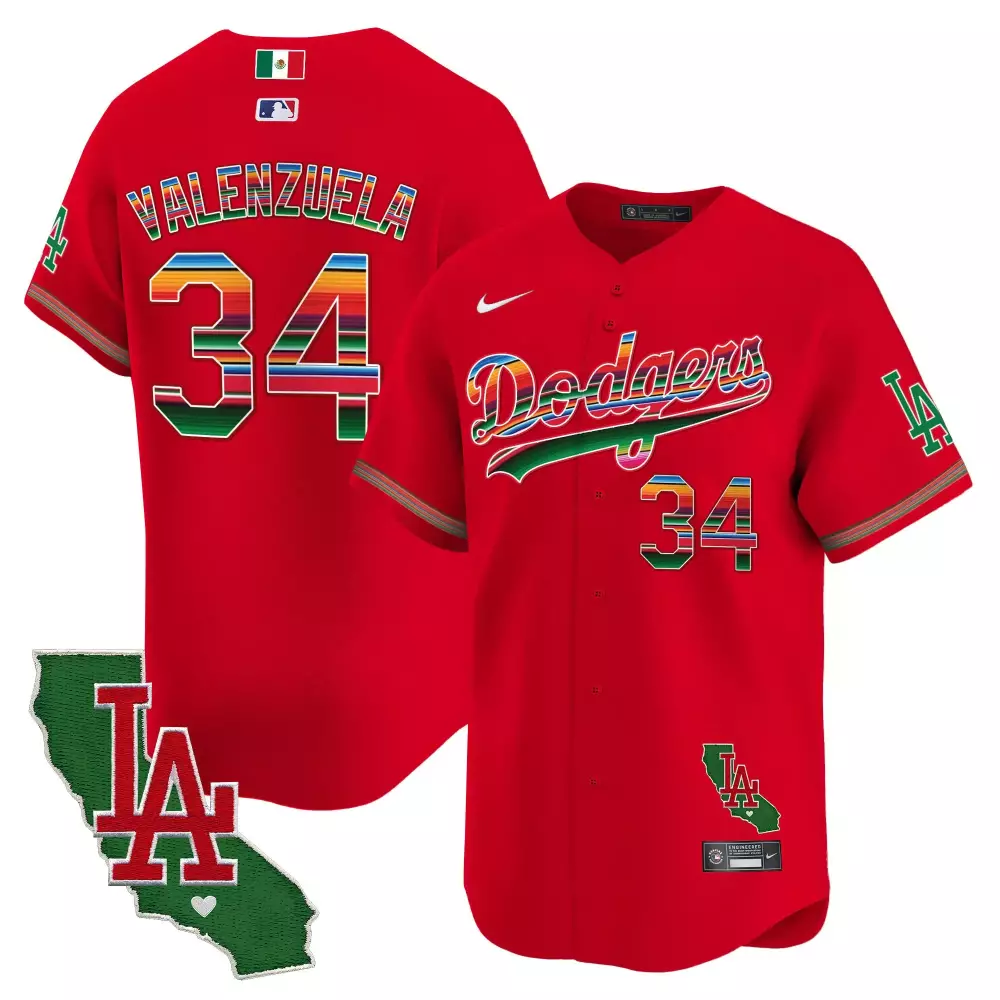 Fernando Valenzuela 34 Dodgers Jersey Red City Connect Mexican Flag California Shape LA 2023