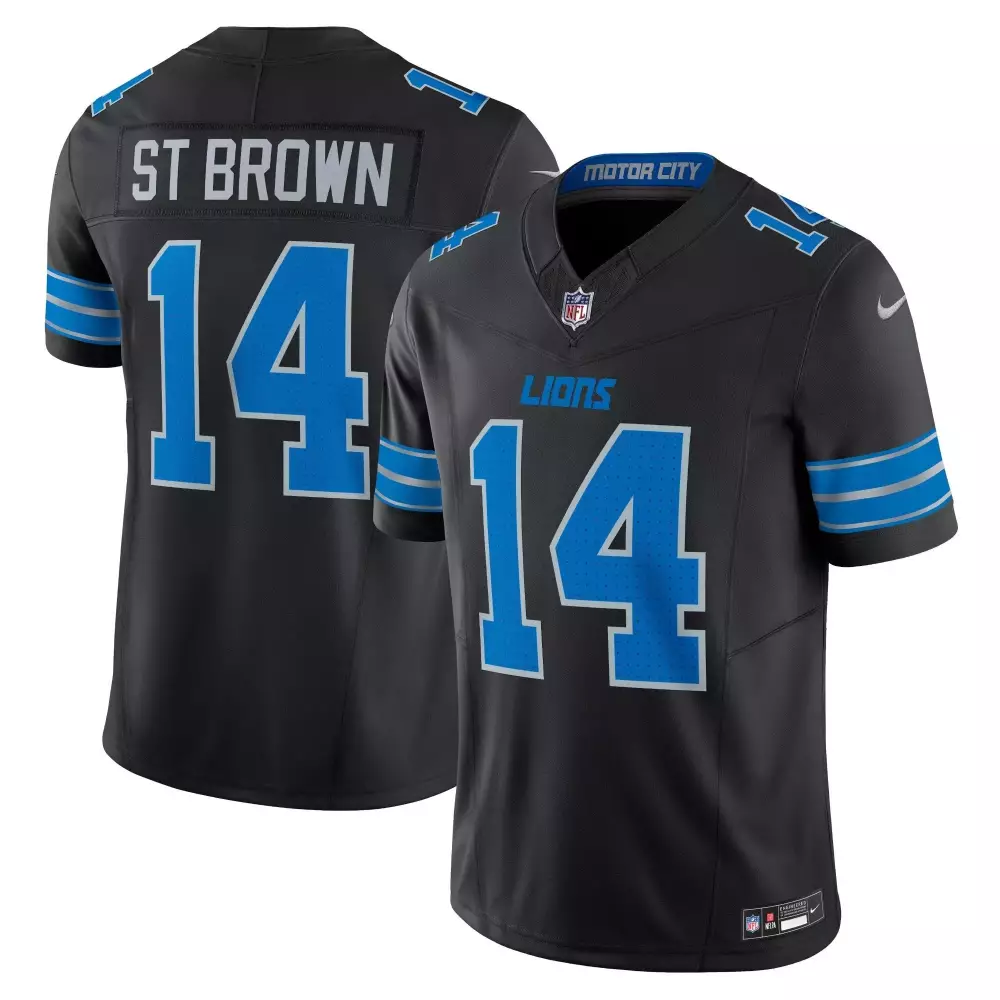 St Brown 14 Lions Jersey Black Men Blue Silver Vapor Limited All Stitched