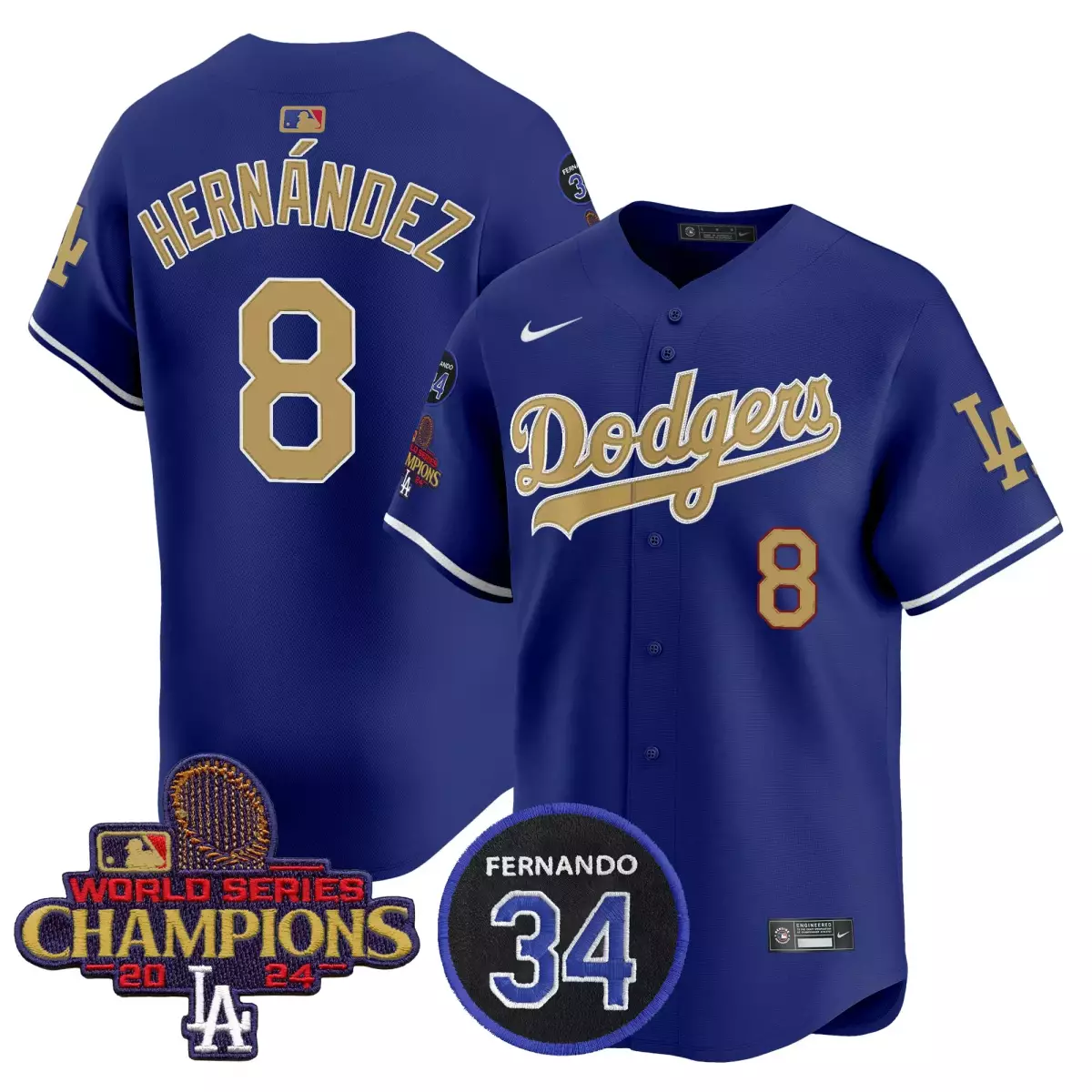 Hernandez Fernando 8 Dodgers Jersey Blue World Series Champions 34 2024 Men Gold