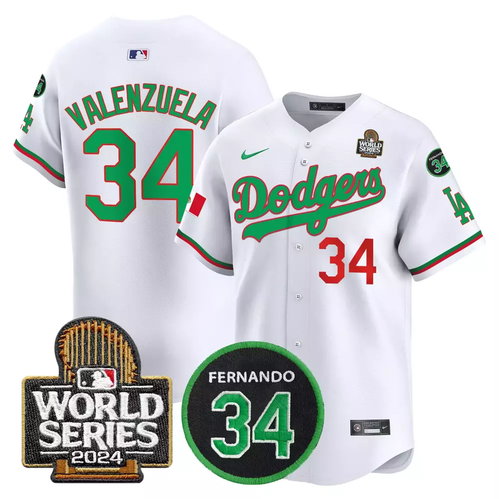 Fernando Valenzuela 34 Dodgers Jersey White World Series 2024 Men Green Red Vapor