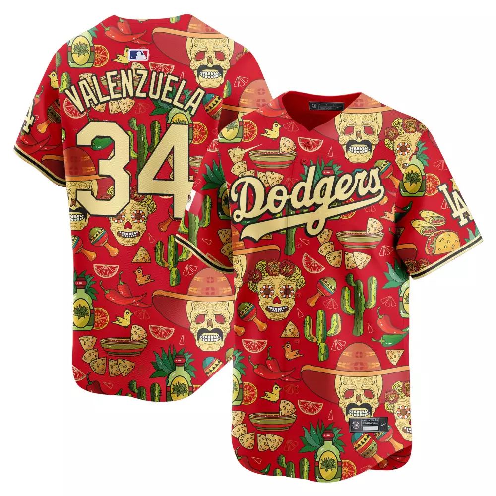 Valenzuela 34 Dodgers Jersey Red Cinco De Mayo Men Full Graphic Print Custom Design