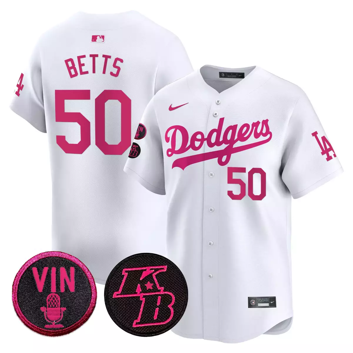 Mookie Betts 50 Dodgers Jersey White Vin LA Bk Men Pink Vapor Premier Limited All