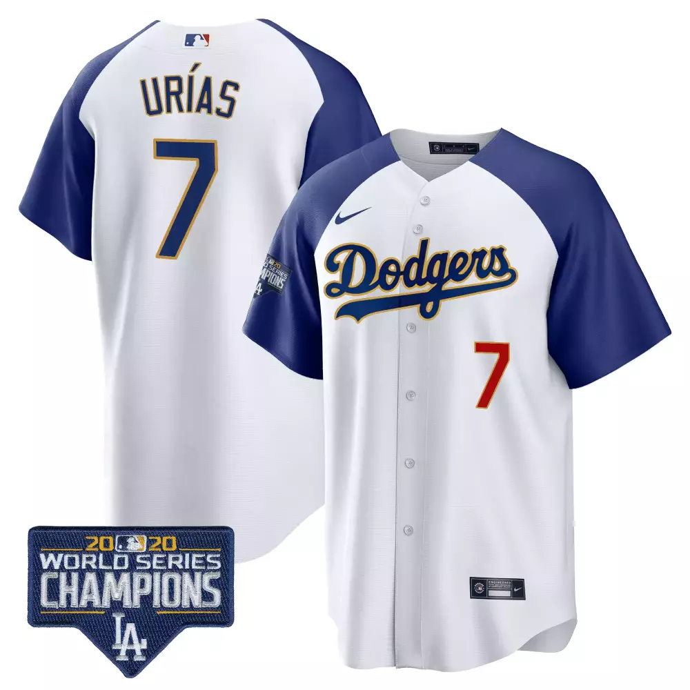 Julio Urias 7 Dodgers Jersey White 2020 World Series Champions Men Royal Blue Gold
