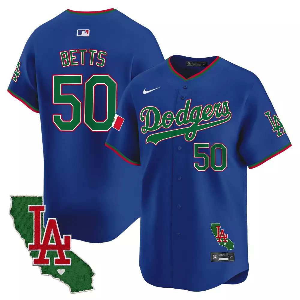 Mookie Betts 50 Dodgers Jersey Blue City Connect LA California Outline Men Green