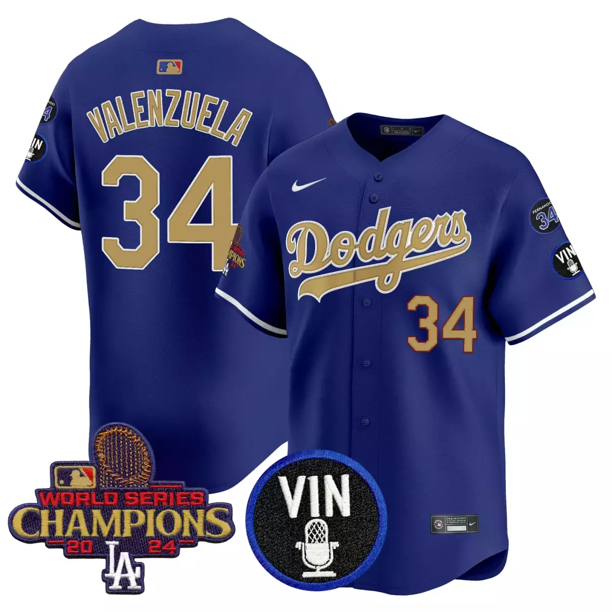 Bryant Vin 34 Dodgers Jersey Royal Blue World Series Champions 2024 Men Gold White