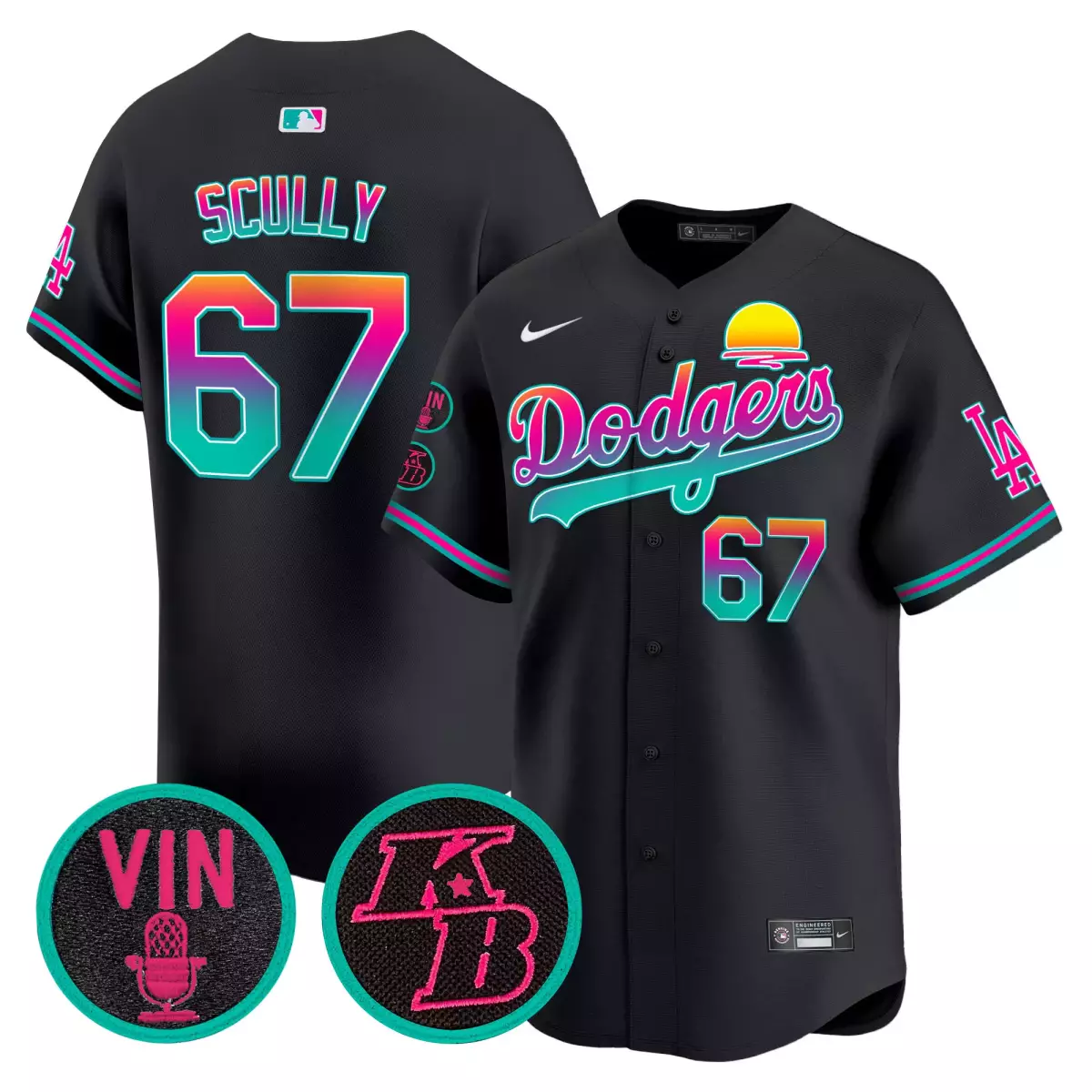 Scully City 67 Dodgers Jersey Black Vin LA Men Inverted Split Design Pink Teal Yellow