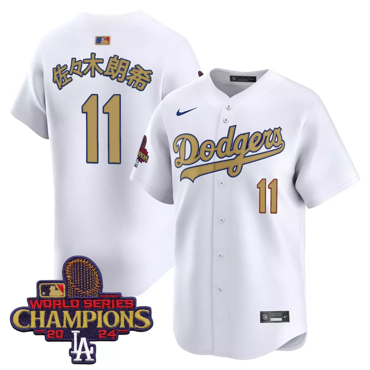 Yoshinobu Yamamoto 11 Dodgers Jersey White World Series Champions 2024 Men Gold Blue