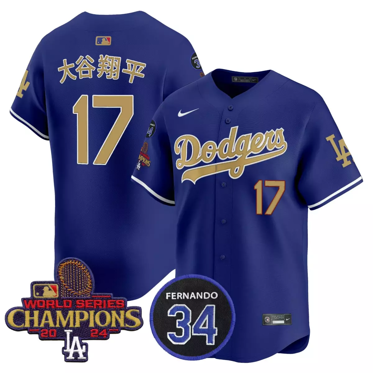 大谷翔平 17 Dodgers Jersey Royal Blue World Series Champions 2024 LA Men White Gold Vapor