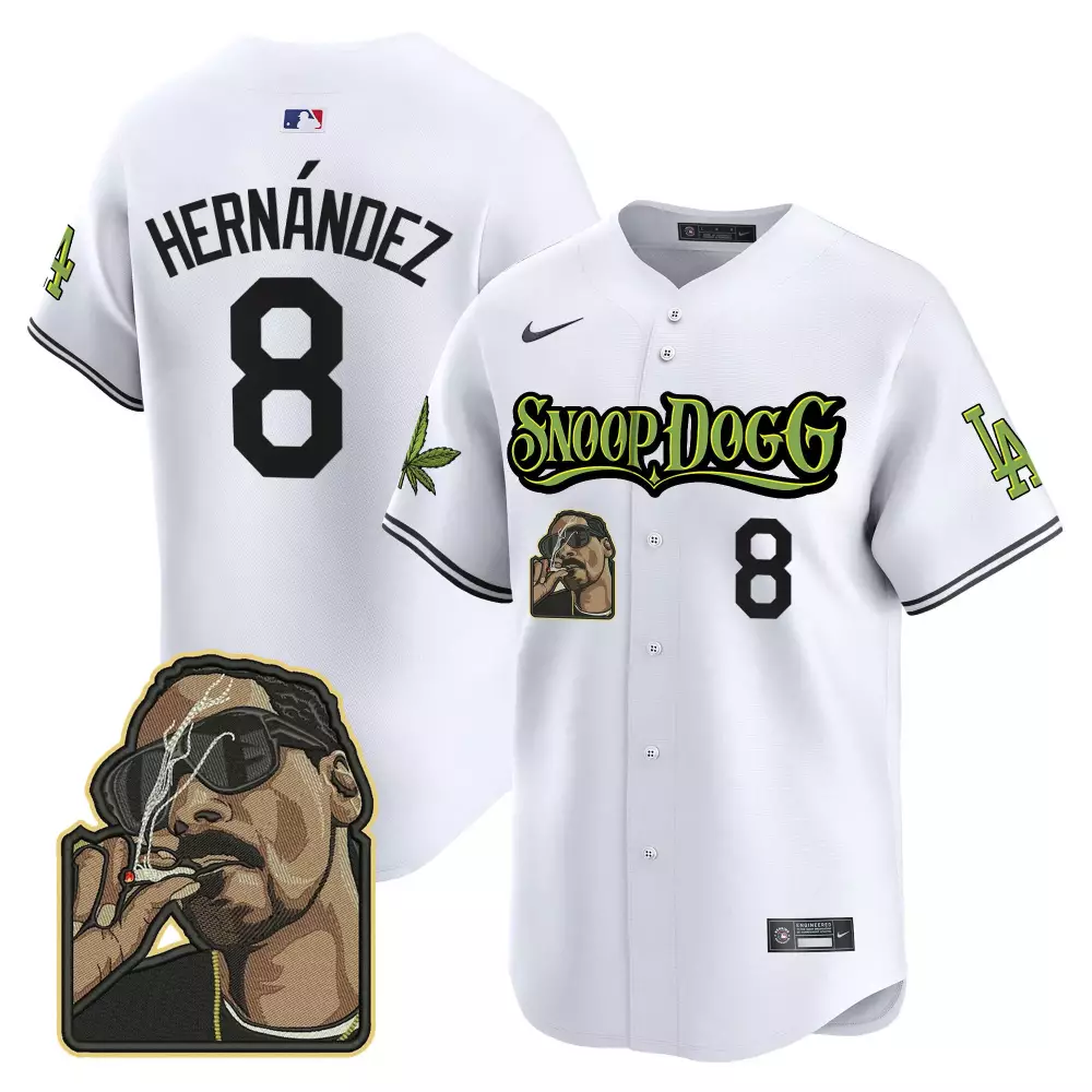 Kike Hernandez 8 Jersey White Snoop Dogg Edition Los Angeles Dodgers Portrait Marijuana Leaf