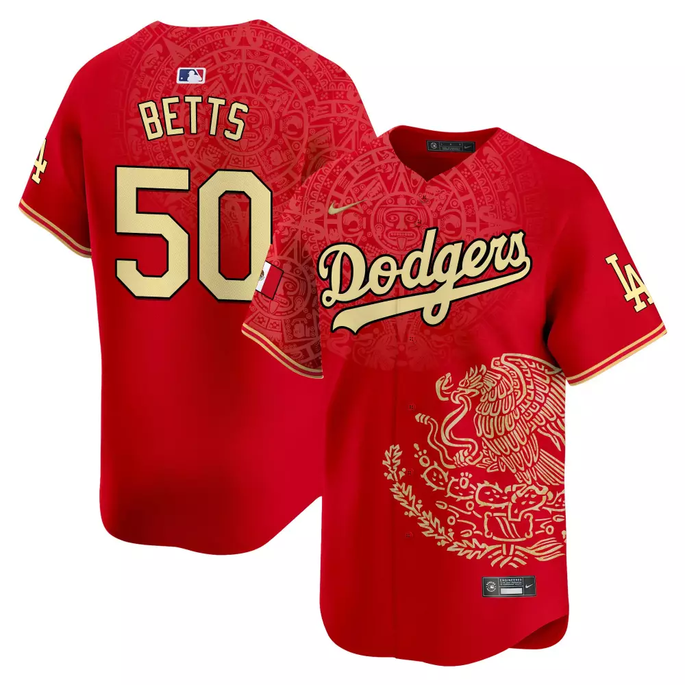 Mookie Betts 50 Dodgers Jersey Red Mexico City Series Men Mexican Heritage Custom Design