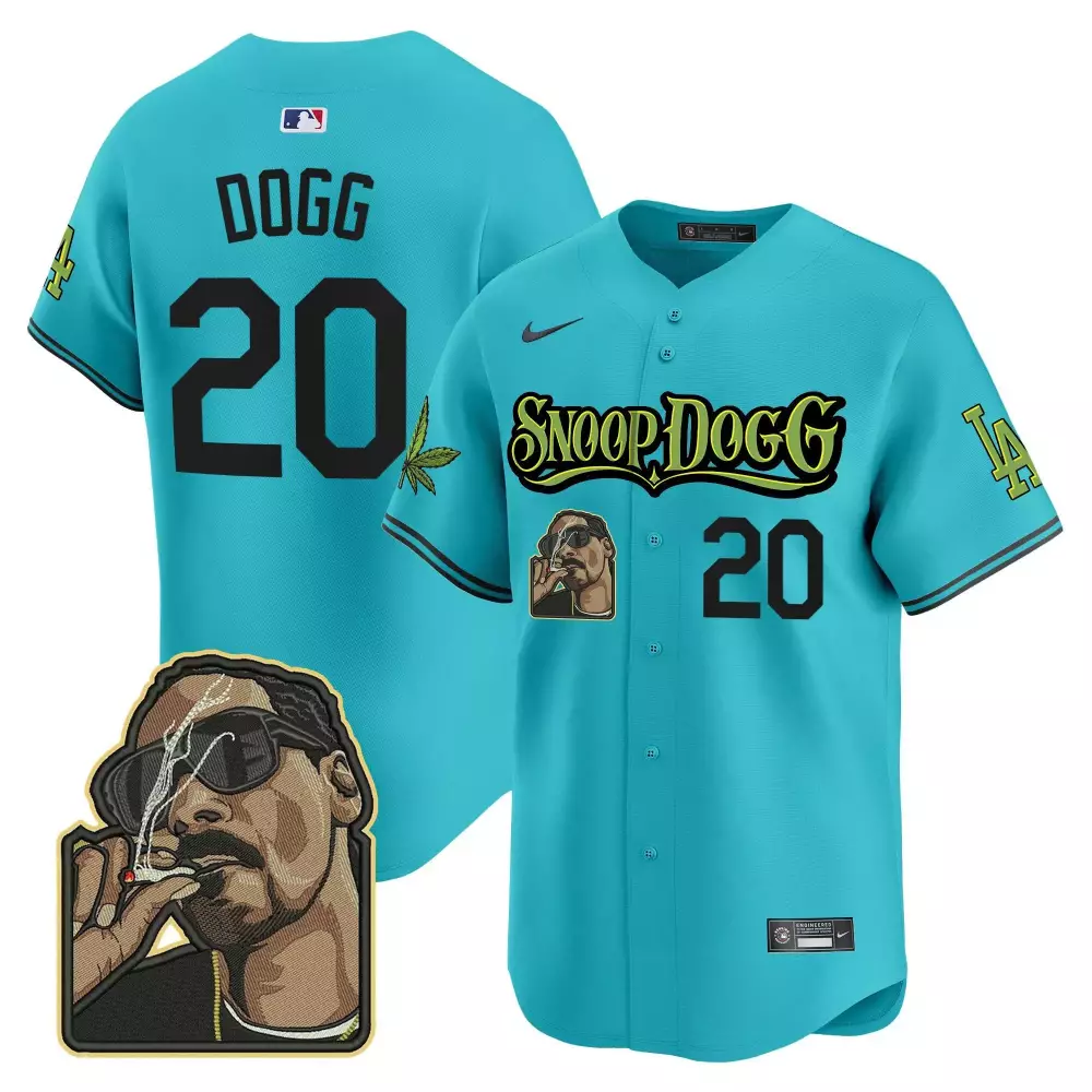 Aqua Snoop 20 Los Angeles Dodgers Jersey Dogg LA Marijuana Leaf 2023 Men Black Lime Green