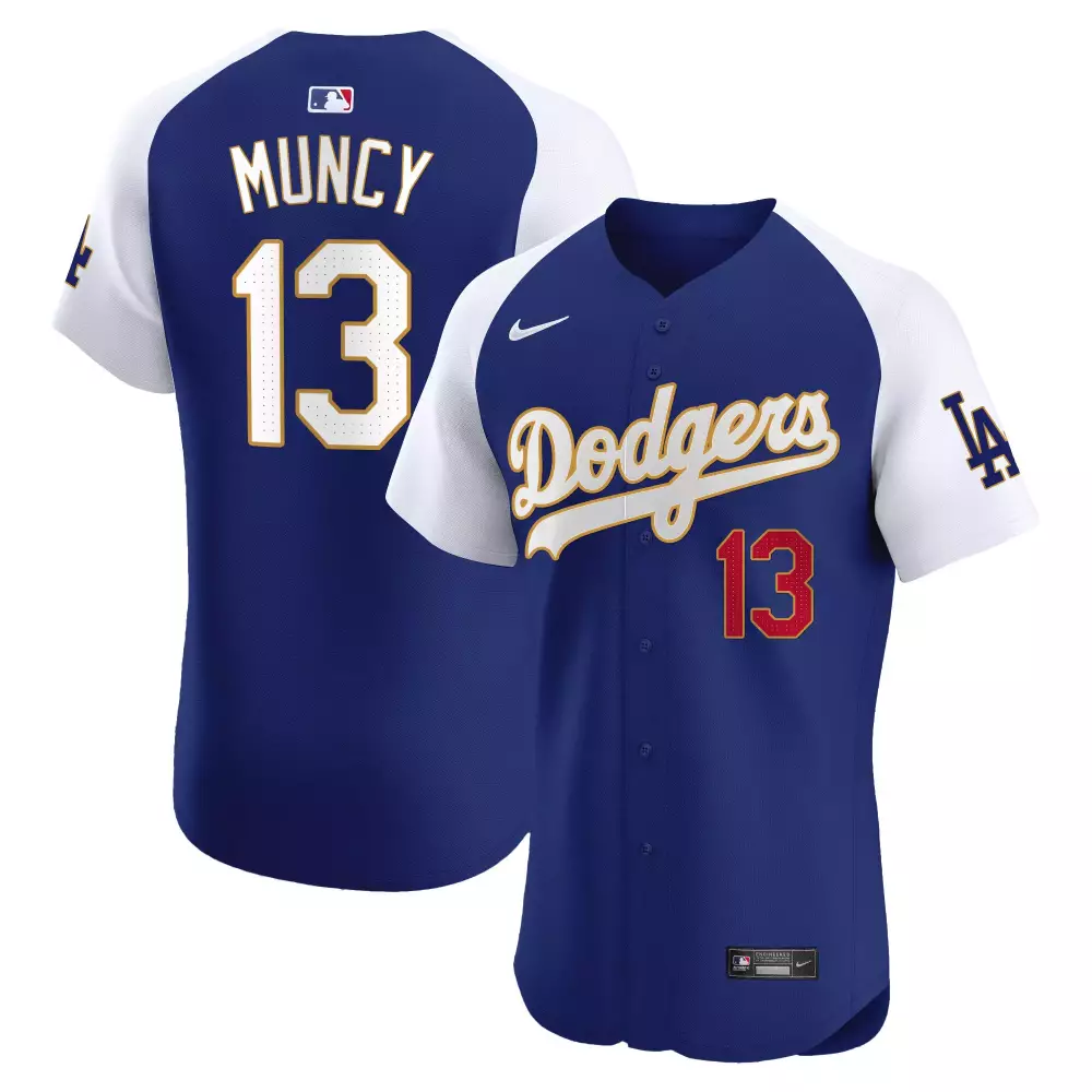 Max Muncy 13 Dodgers Jersey Royal Blue Men White Red Gold Alternate Premier Elite
