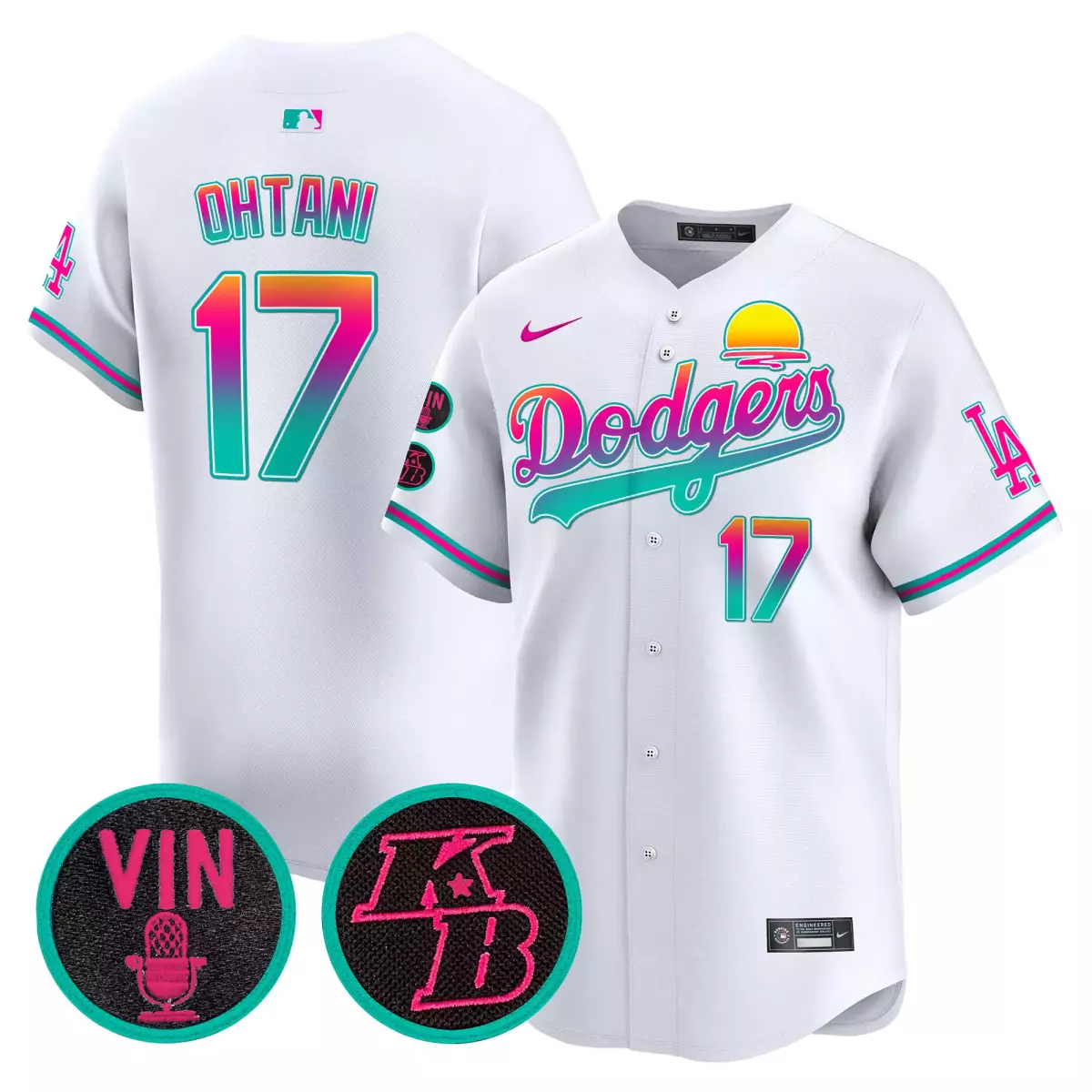 Shohei Ohtani 17 Dodgers Jersey White City Connect Vin Mic LA Split Pink Orange Teal