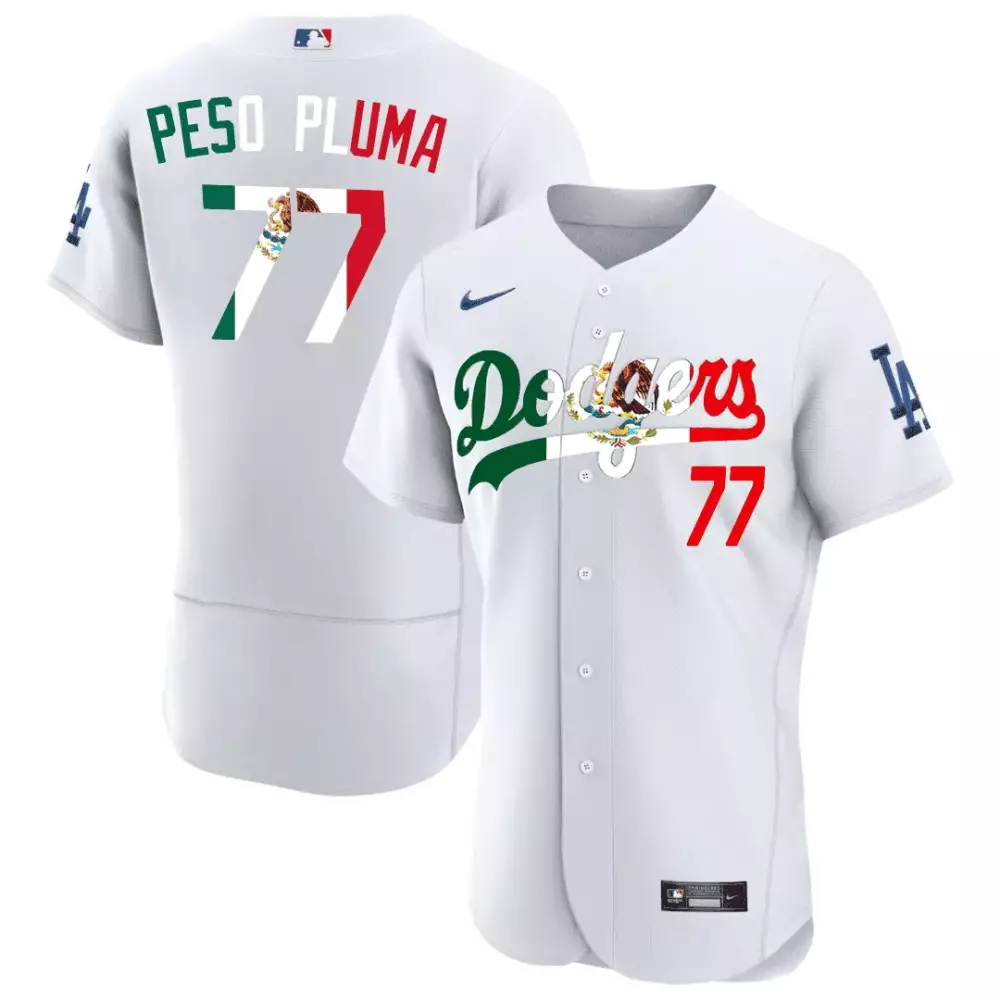 Peso Pluma 77 Dodgers Jersey White Mexican Flag Men Split Custom Design Green Red