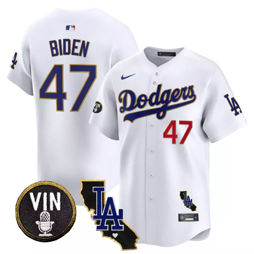 Joe Biden 47 Dodgers Jersey White Vin Microphone LA California Men Blue Red Vapor