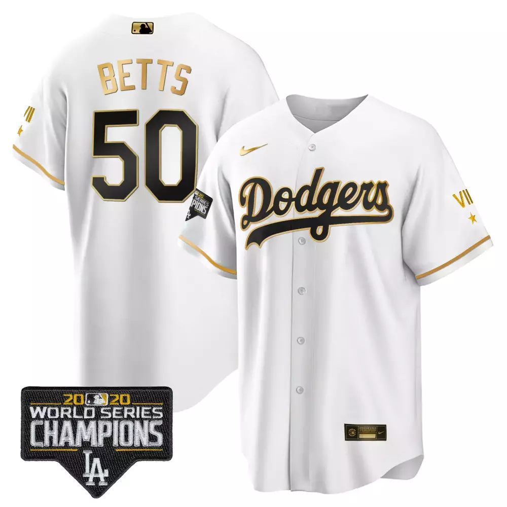 Mookie Betts 50 Dodgers Jersey White 2020 World Series Champions Men Black Gold Cool