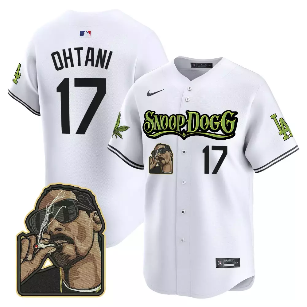 Shohei Ohtani 17 Jersey White Snoop Dogg Collaboration Los Angeles Dodgers Portrait Marijuana Leaf 2023