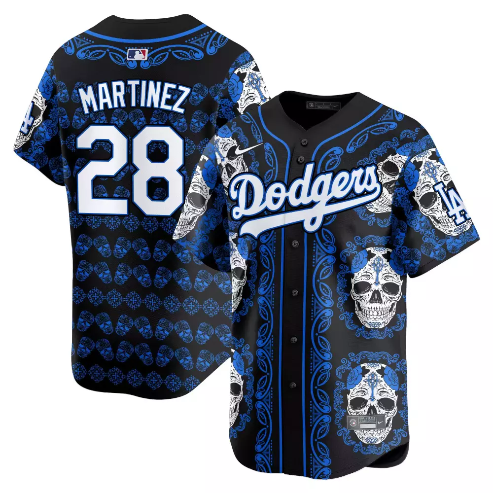Martinez 28 Dodgers Jersey Black Dia De Los Muertos Men Custom Design Blue White