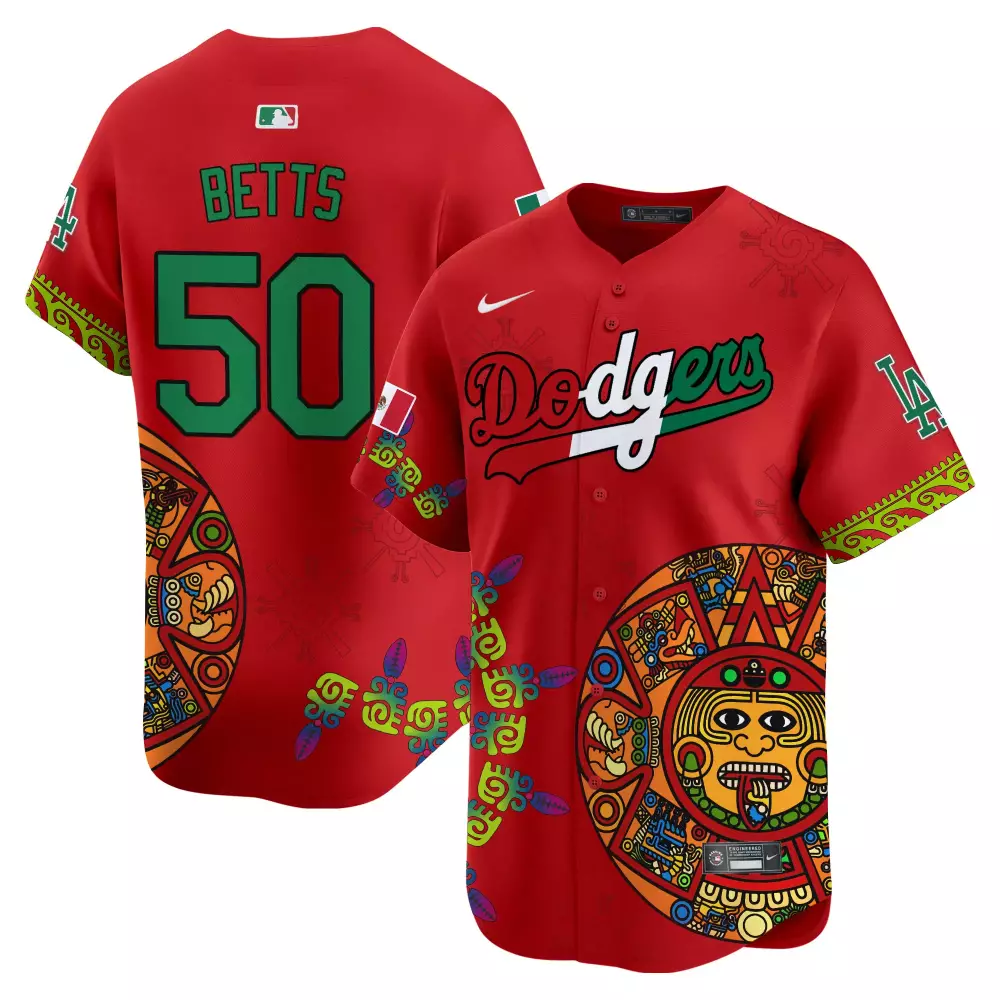 Mookie Betts 50 Dodgers Jersey Red Mexico Flag Men Custom Design Green White Yellow