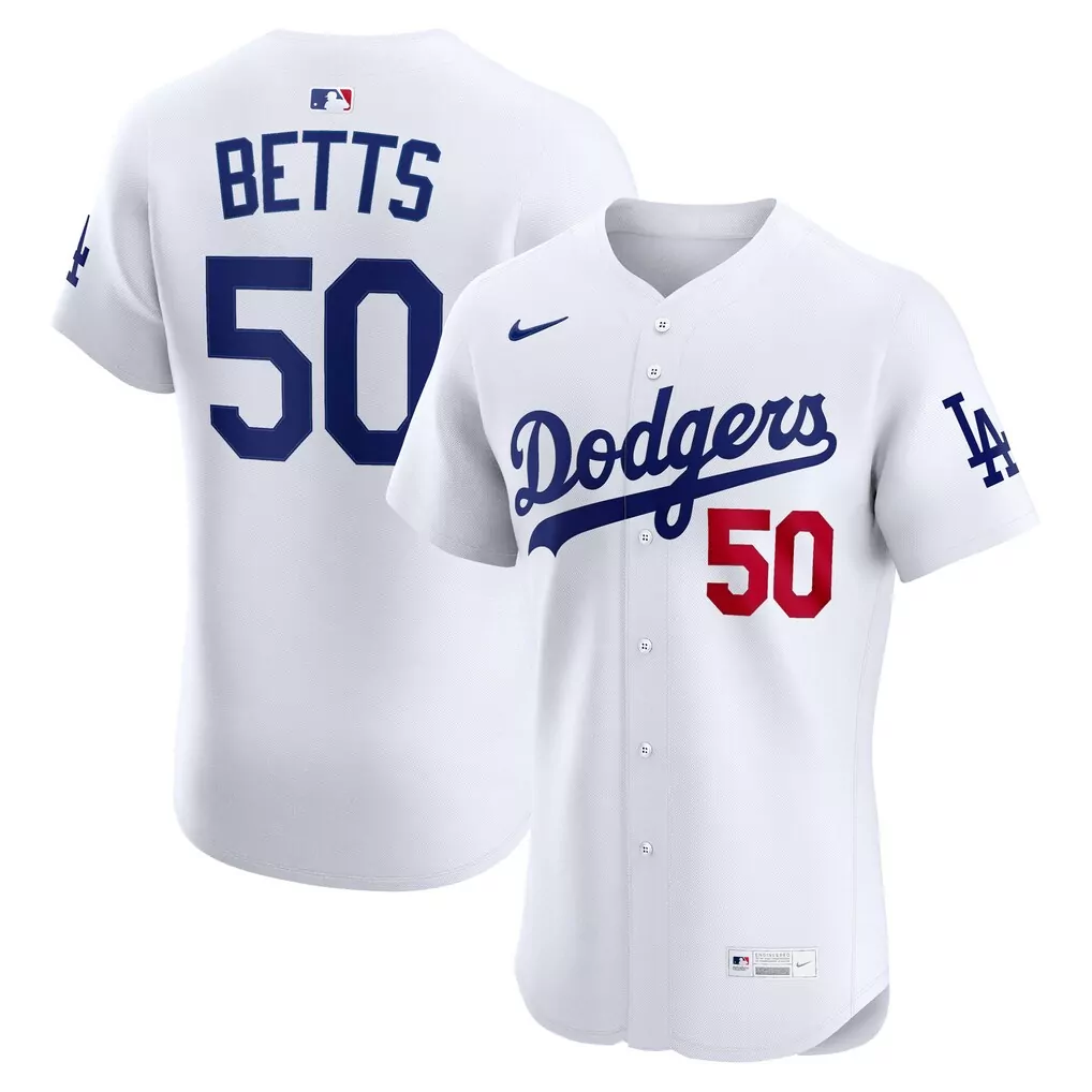 Mookie Betts 50 Dodgers Jersey White Men Blue Red Home Elite