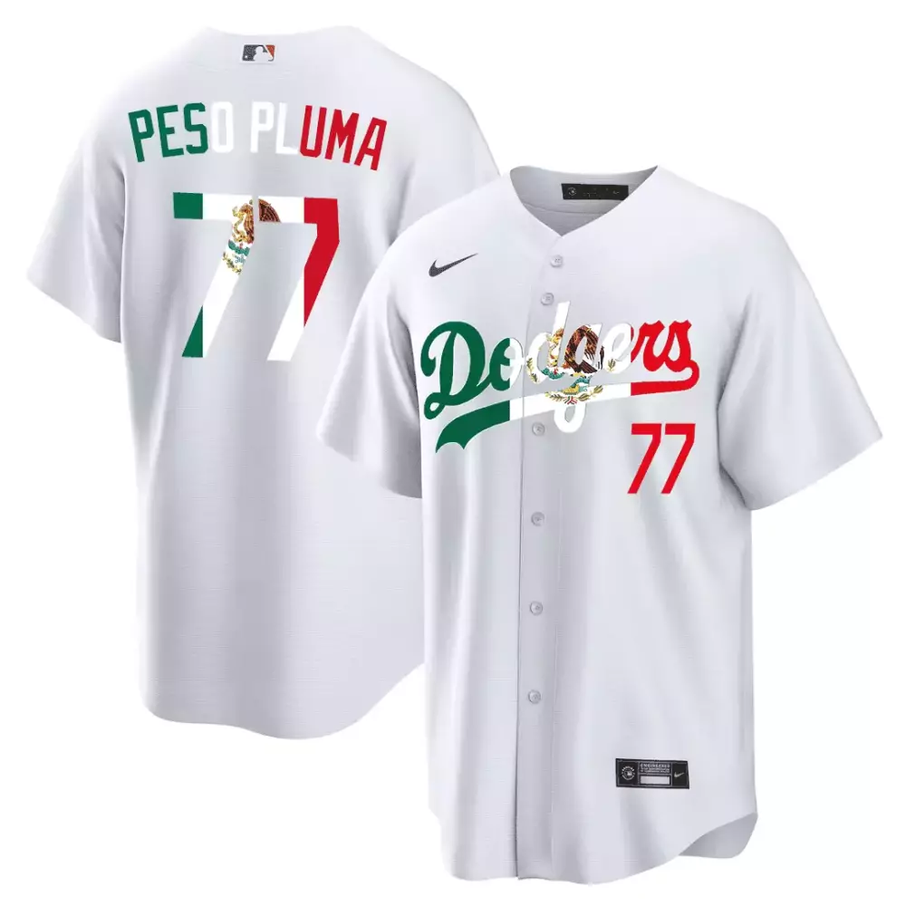 Peso Pluma 77 Dodgers Jersey White Cinco De Mayo Mexican Flag Men Split Design Green