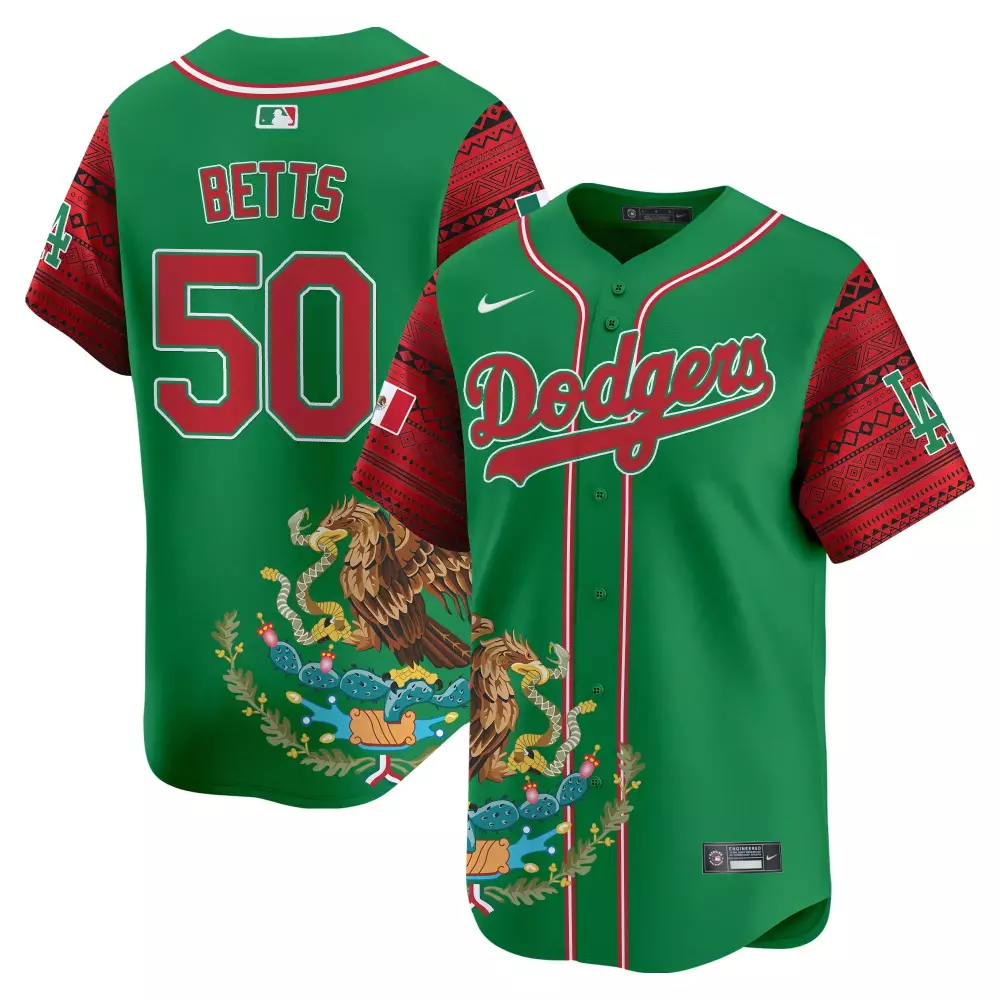 Mookie Betts 50 Dodgers Jersey Green Los Angeles Mexican Heritage Mexico Flag Men