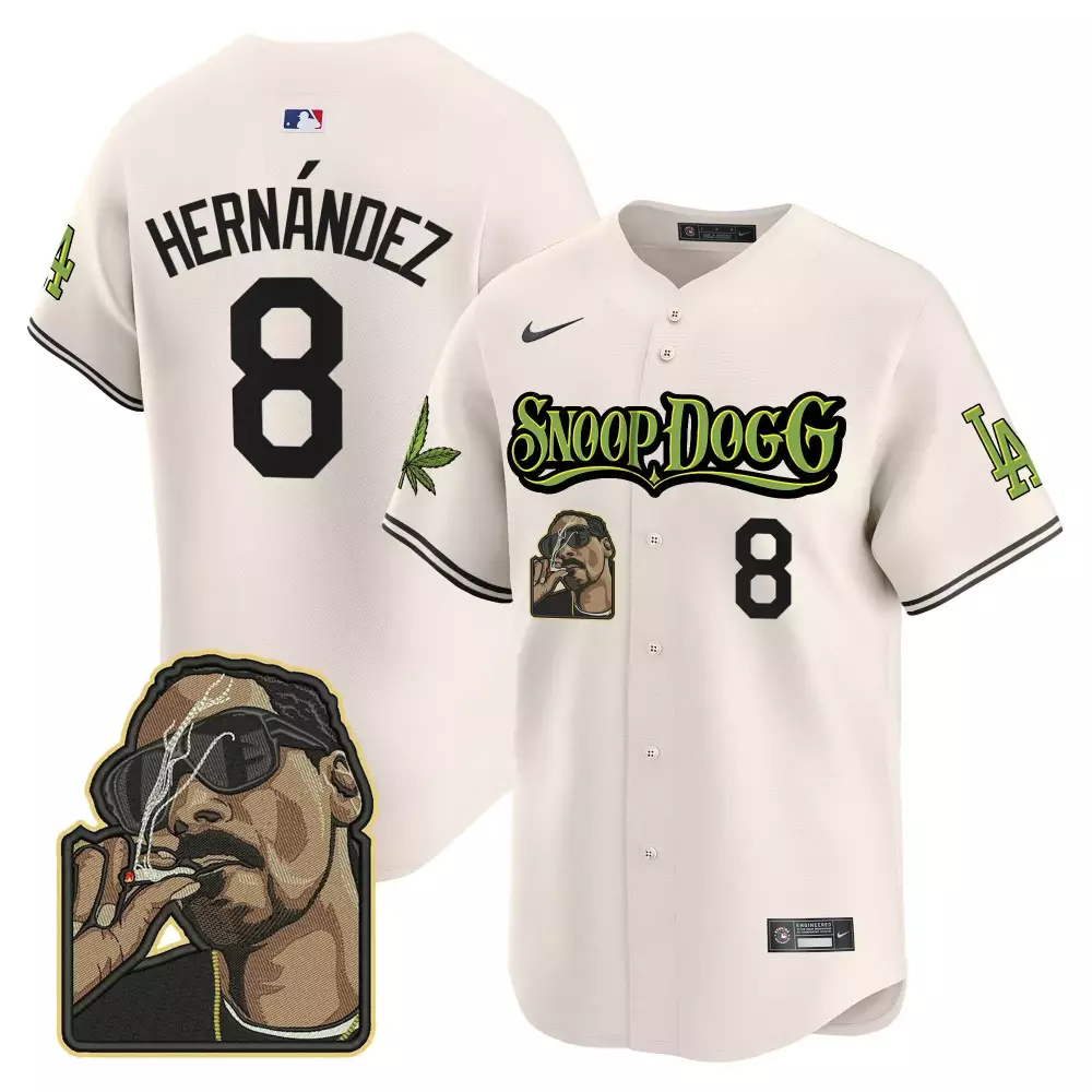 Kike Hernandez 8 Jersey Cream Snoop Dogg Collaboration Los Angeles Dodgers Portrait Marijuana Leaf
