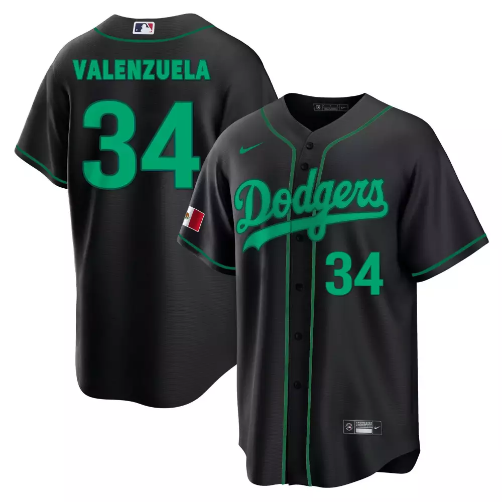Valenzuela 34 Dodgers Jersey Black Mexico Flag Men Green Stitched