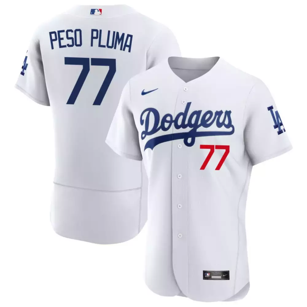 Peso Pluma 77 Dodgers Jersey White Men Blue Red Stitched