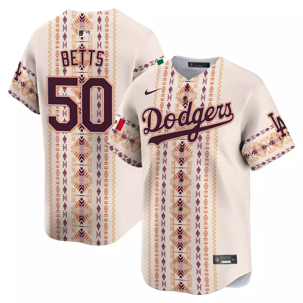 Mookie Betts 50 Dodgers Jersey Cream Mexican Flag Men Alternate Custom Design Maroon