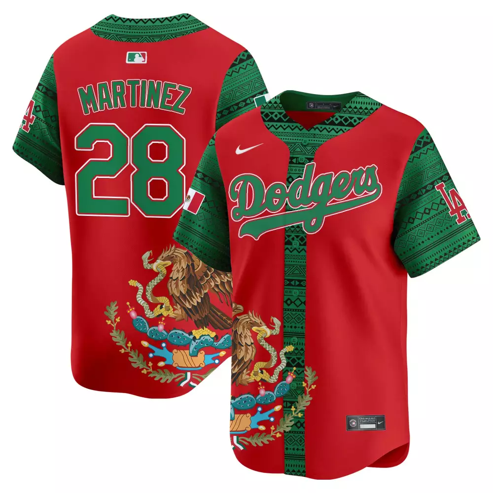 Martinez 28 Dodgers Jersey Red Mexican Heritage Flag Men Custom Design Green Vapor