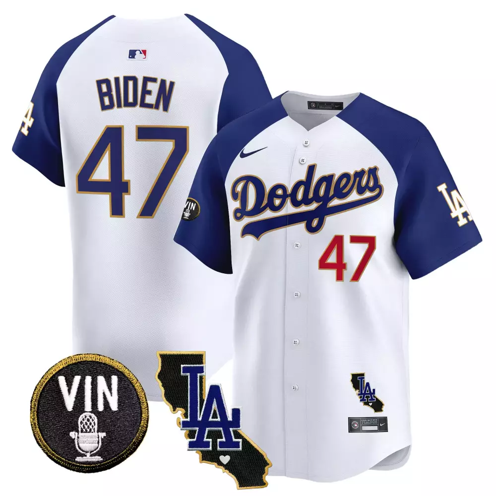 Joe Biden 47 Dodgers Jersey White City Connect Vin LA Men Custom Design Blue Alternate