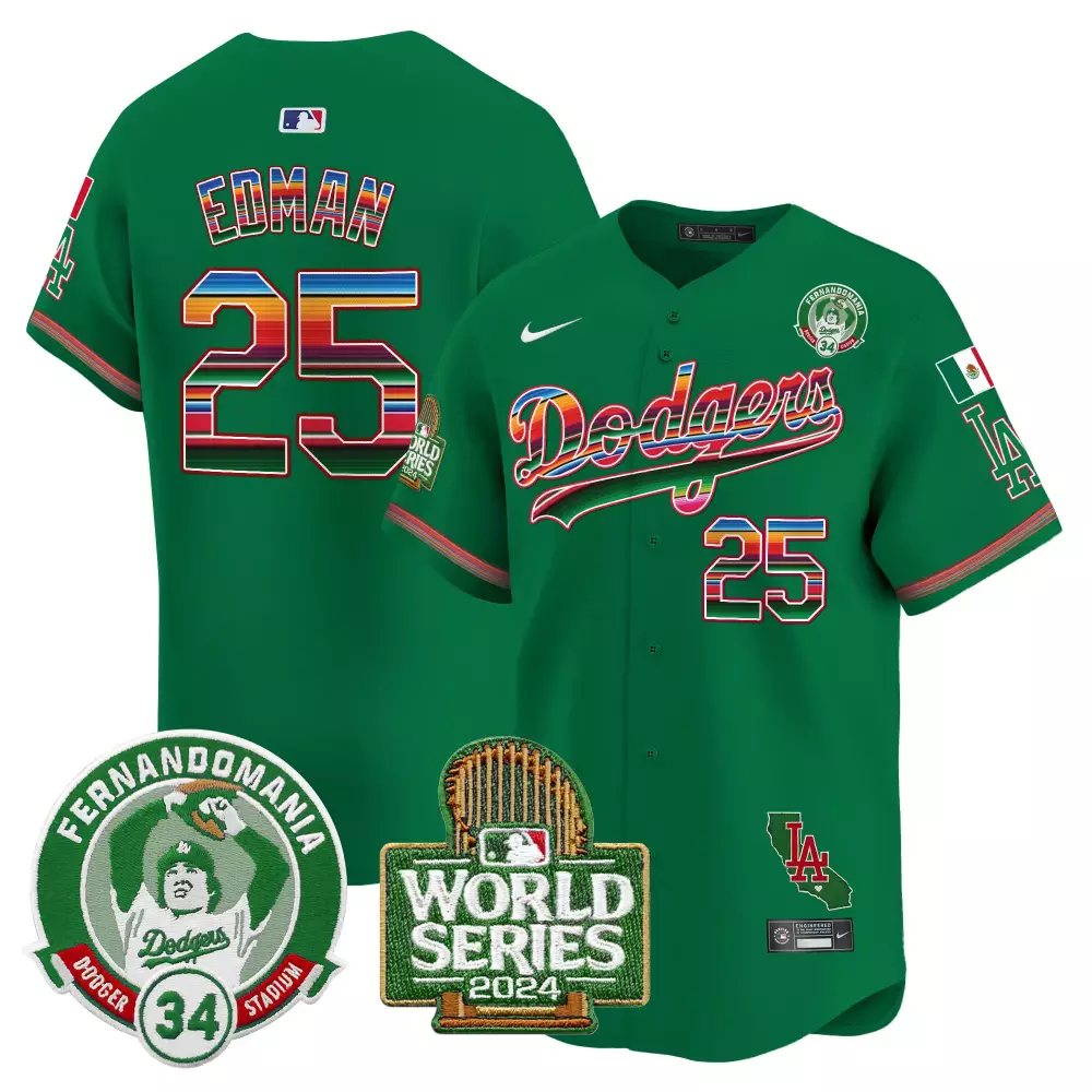 Tommy Edman 25 Dodgers Jersey Green Cinco De Mayo World Series 2024 Fernando Valenzuela 34