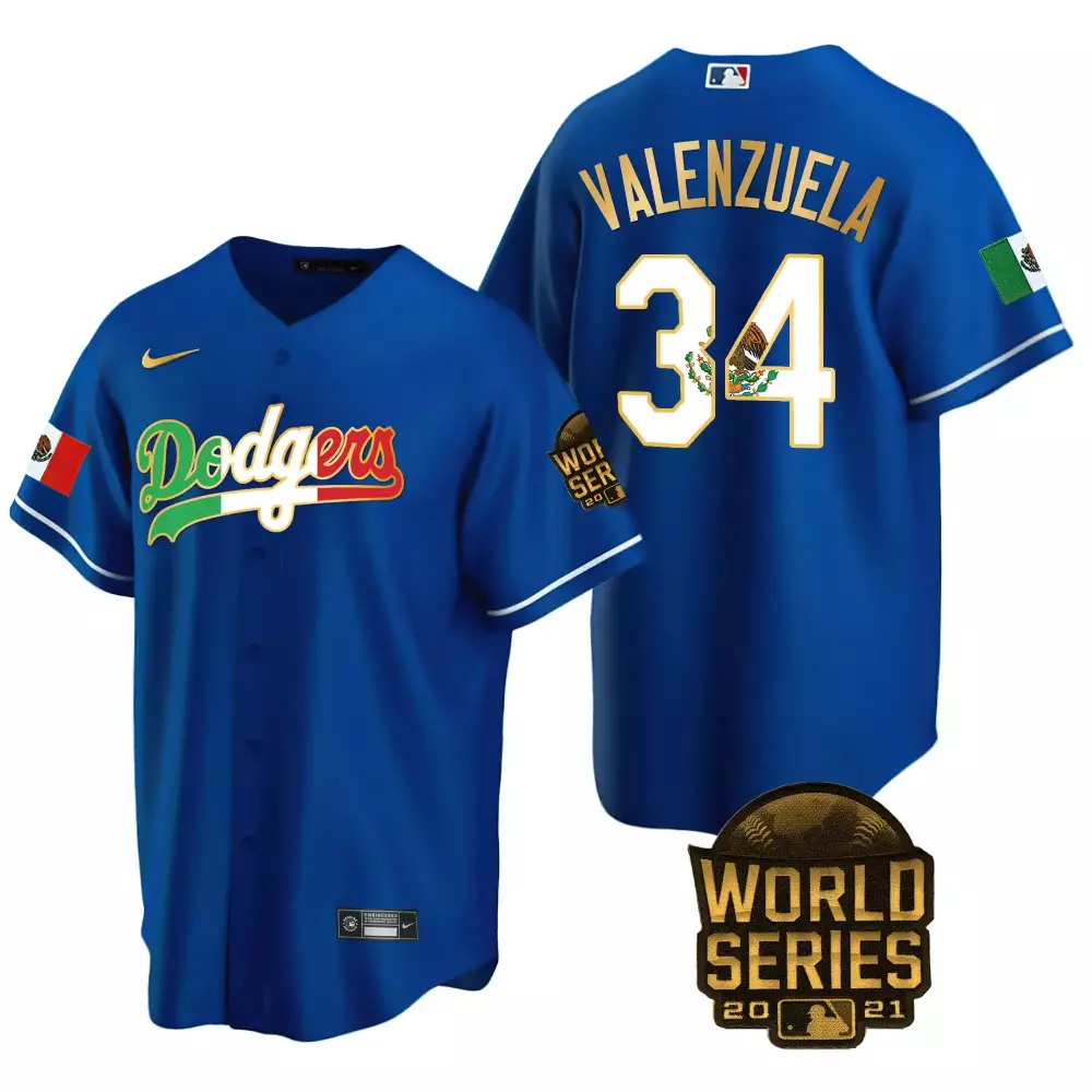 Valenzuela 34 Dodgers Jersey Royal Blue Mexico Flag World Series 2021 Men White Green