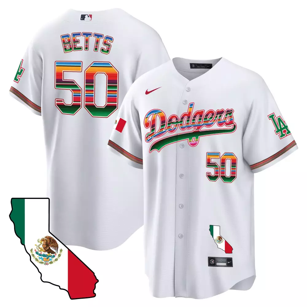 Mookie Betts 50 Dodgers Jersey White Cinco De Mayo Mexico Flag California Outline