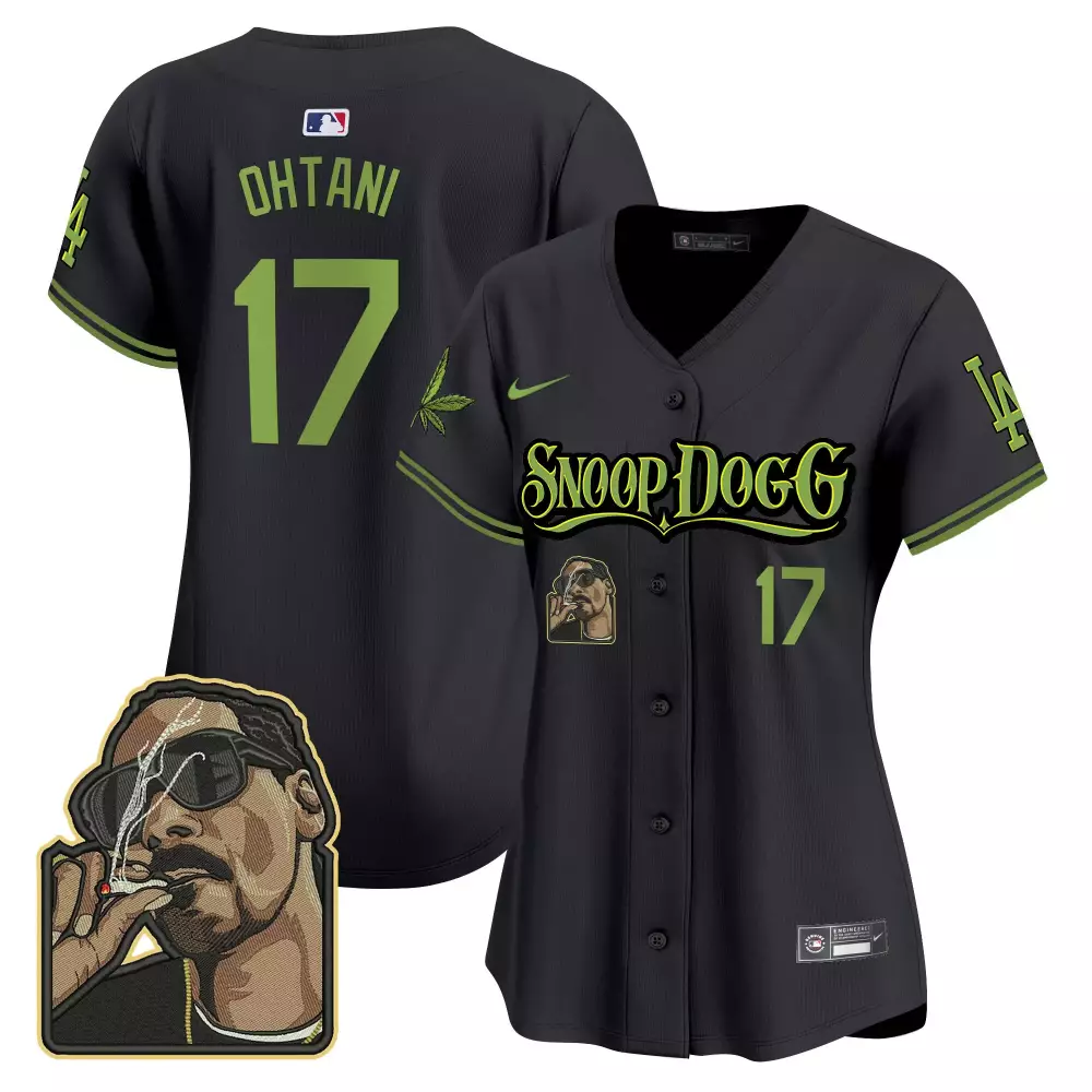 Shohei Ohtani 17 Jersey Black Snoop Dogg Collaboration Los Angeles Dodgers Portrait Cannabis Leaf 2023