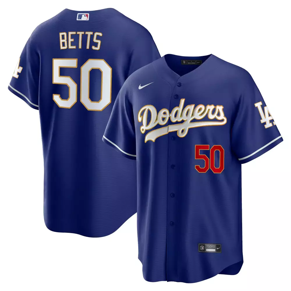 Mookie Betts 50 Dodgers Jersey Royal Blue Men White Red Gold Cool Base All Stitched