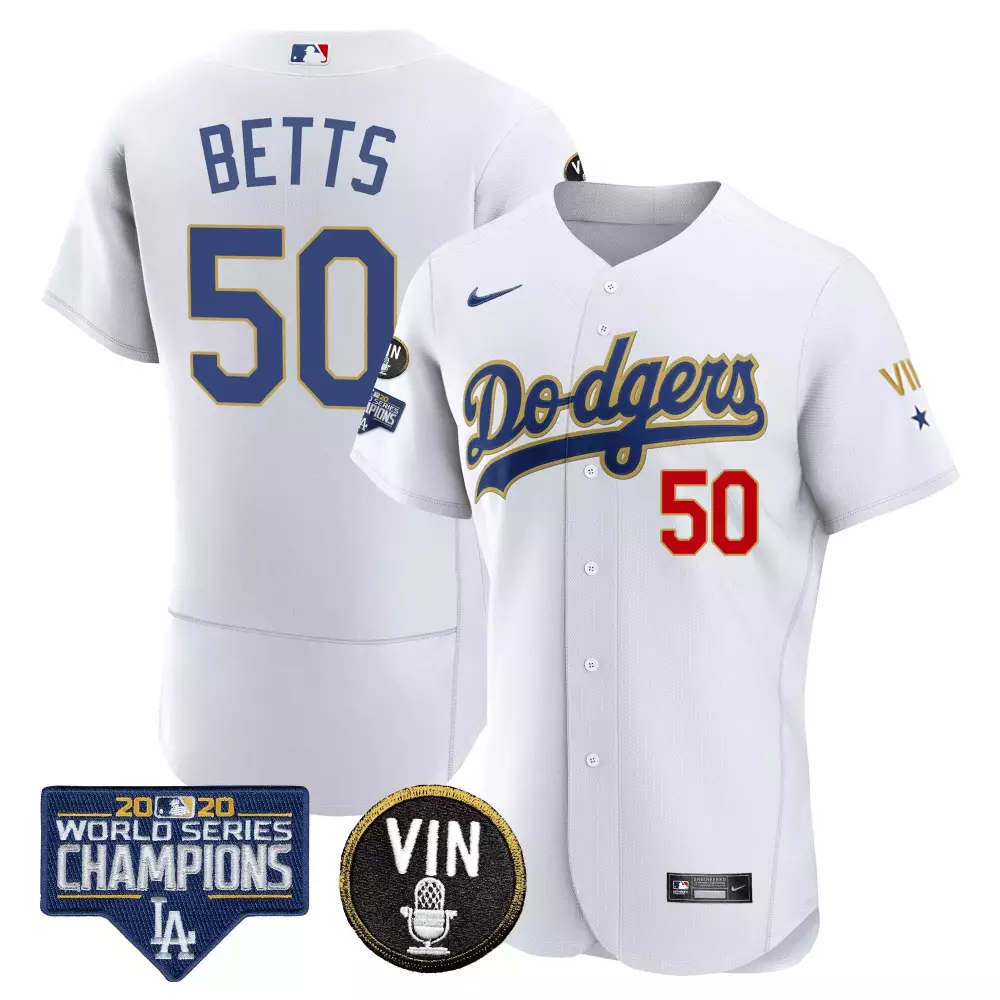 Mookie Betts 50 Dodgers Jersey White Vin Men Blue Gold Flex All Stitched