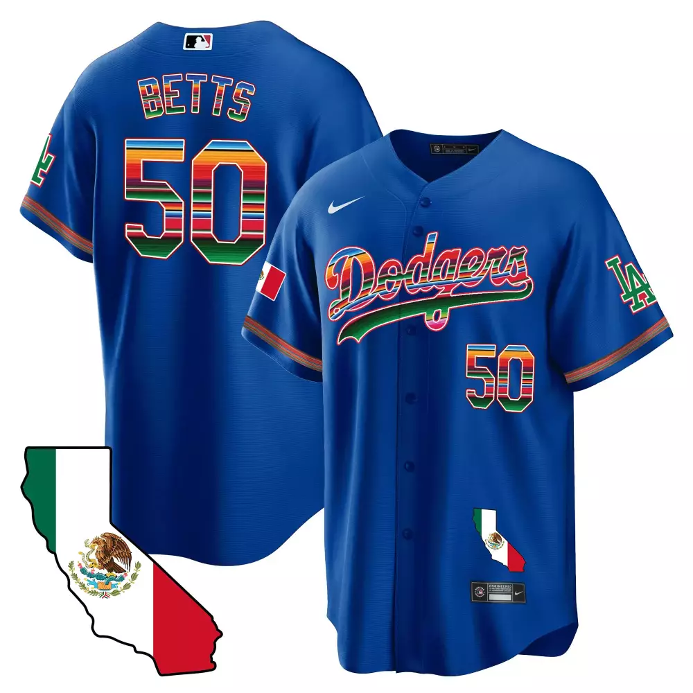 Mookie Betts 50 Dodgers Jersey Blue Cinco De Mayo Mexico Flag California Outline