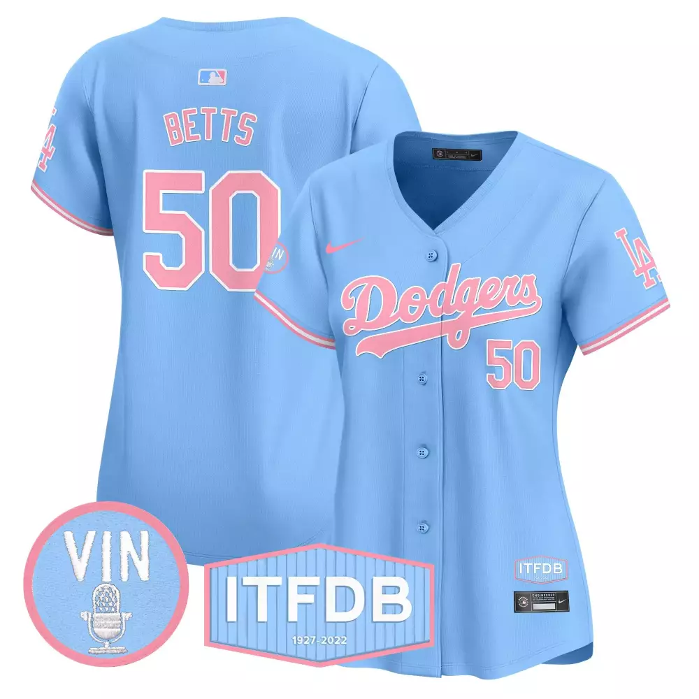 Mookie Betts 50 Dodgers Jersey Light Blue Vin Itfdb 1927-2022 Men Alternate Pink