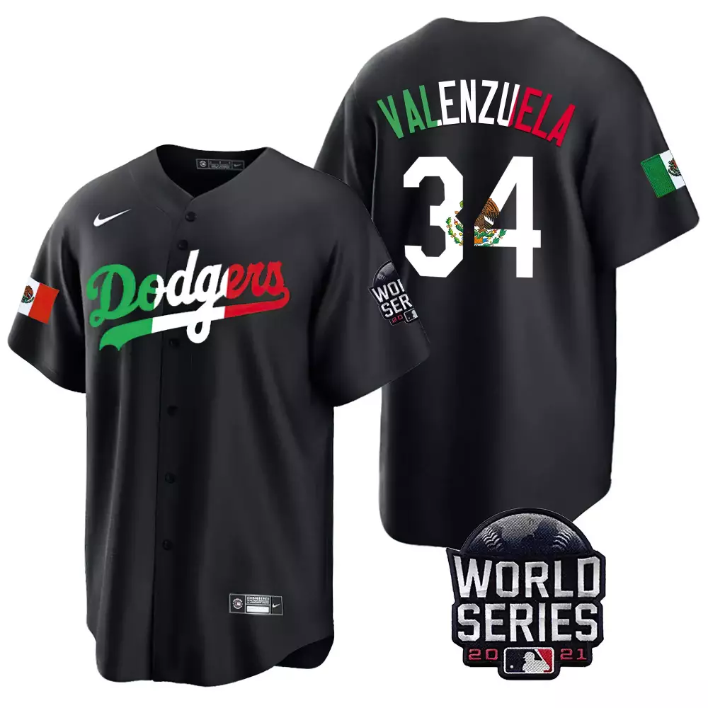 Valenzuela 34 Dodgers Jersey Black Mexican Heritage World Series 2021 Flag Men Split Design