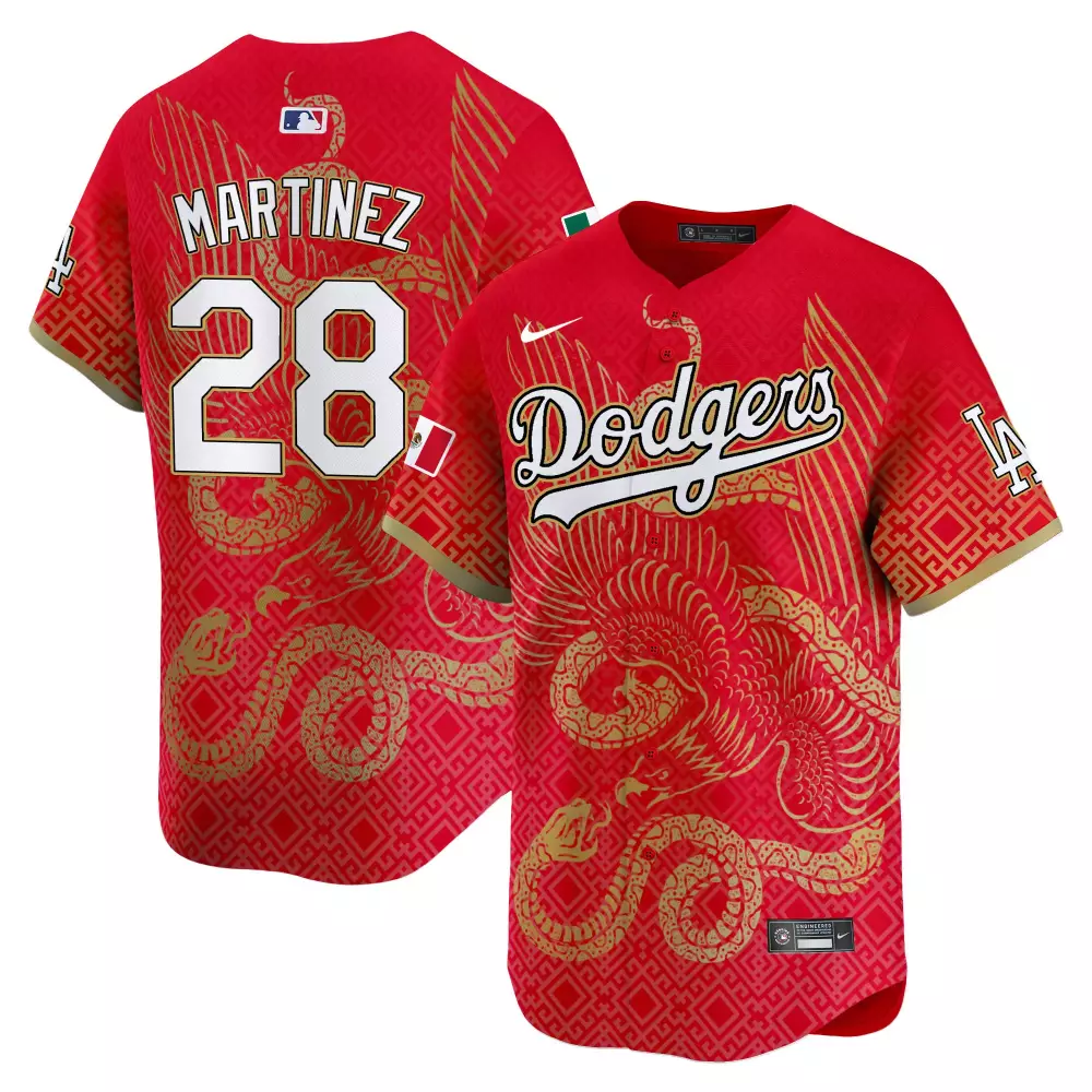 Martinez 28 Dodgers Jersey Red Cinco De Mayo Men Custom Design Gold White Vapor Premier