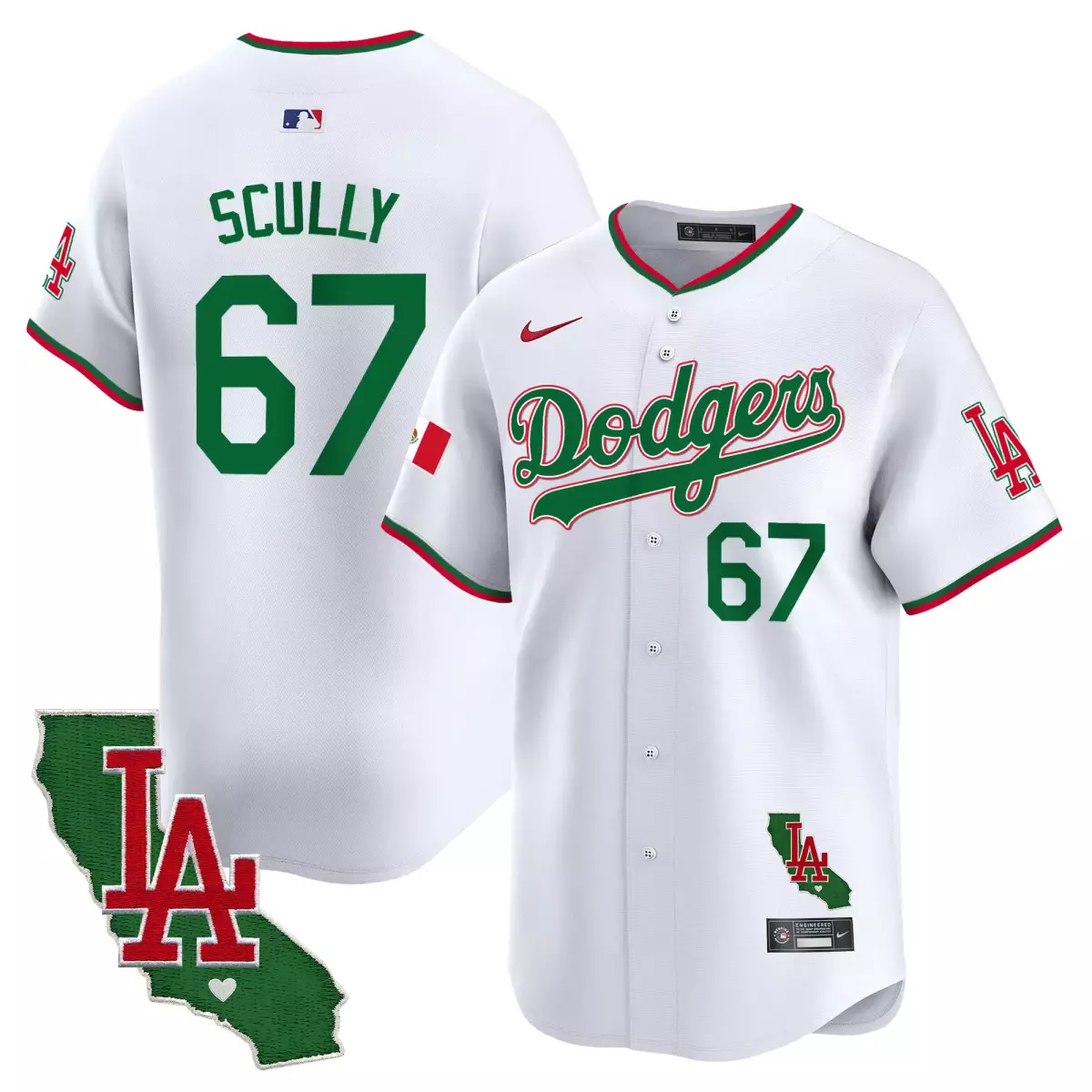 Scully Mexico 67 Dodgers Jersey White City Connect LA California Shape Green Red