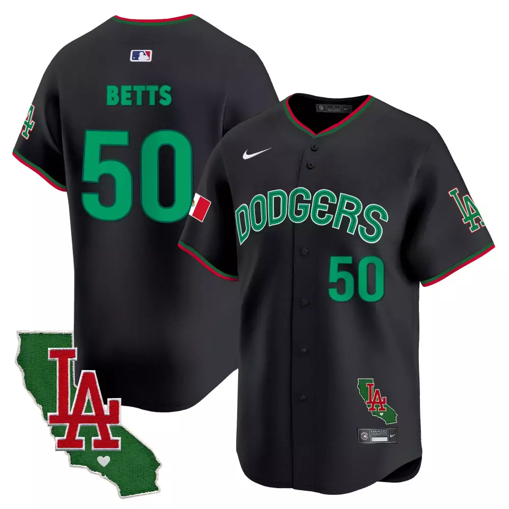 Mookie Betts 50 Dodgers Jersey Black City Connect Mexico Flag California Outline 2023